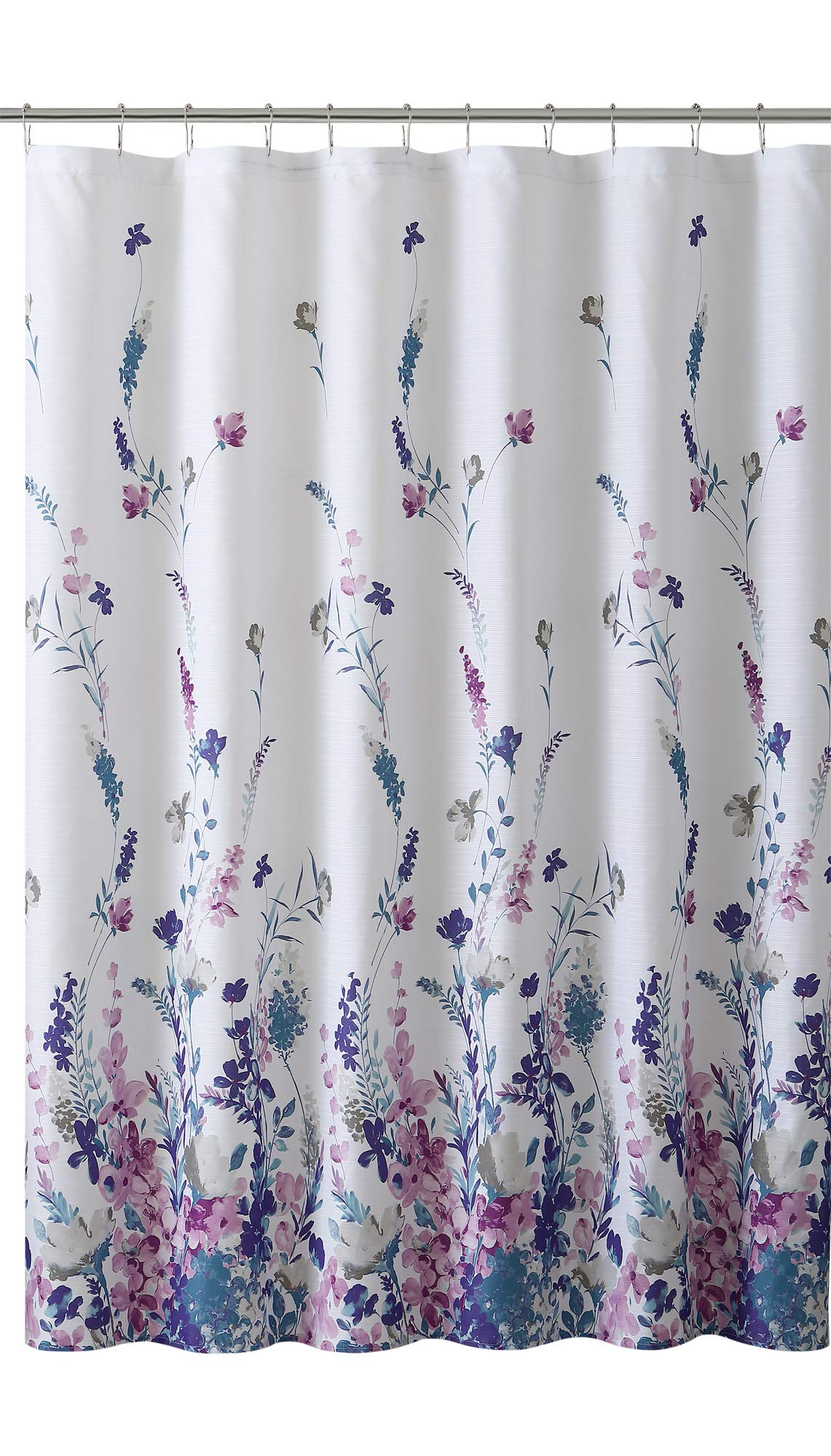 Serafina Home Fabric Floral Shower Curtain: Elegant Watercolor Wildflowers Design, Colors: Blue, Purple, Teal, Beige, Pink, White