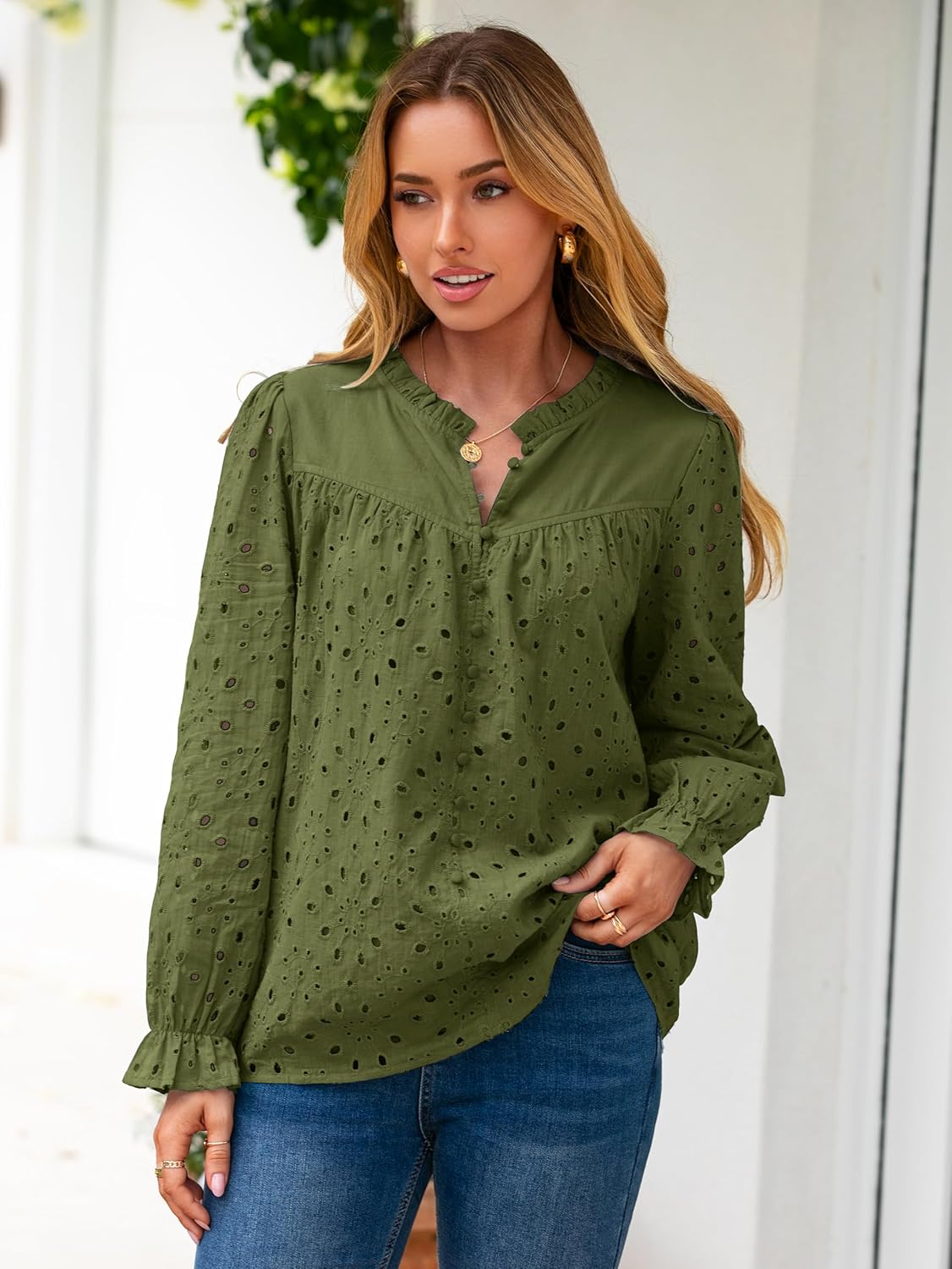 Simplee Womens Casual Tops Blouse 2025 Eyelet Embroidered Puff Long Sleeve Fall Top Dressy Lace Button Shirts - Image 3