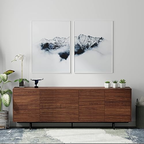 Glenwillow Home Atlas Highboy - Mueble y aparador de TV moderno de 78 x 28 pulgadas, marco de nogal, puerta y cajones de nogal, base negra