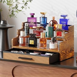 3 Tier Cologne Stand with Drawer, Wooden Cologne Organizer for Men/Women, Retro Perfume Stand Organizers, Display Riser Shelf Holder for Skincare and Makeup Organizers, Rustic Brown