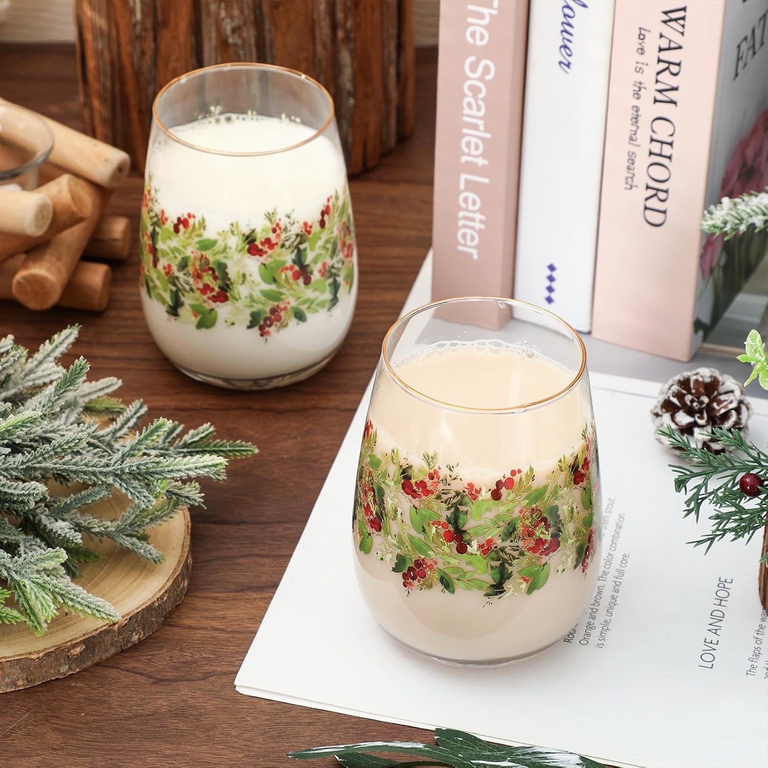 Whaline 2Pcs Christmas Stemless Wine Glasses 17oz Holly Berries Drinking Glasses Clear Green Red Watercolor Tumbler Cups with Gold Rim for Xmas Winter Party Supplies - Image 4
