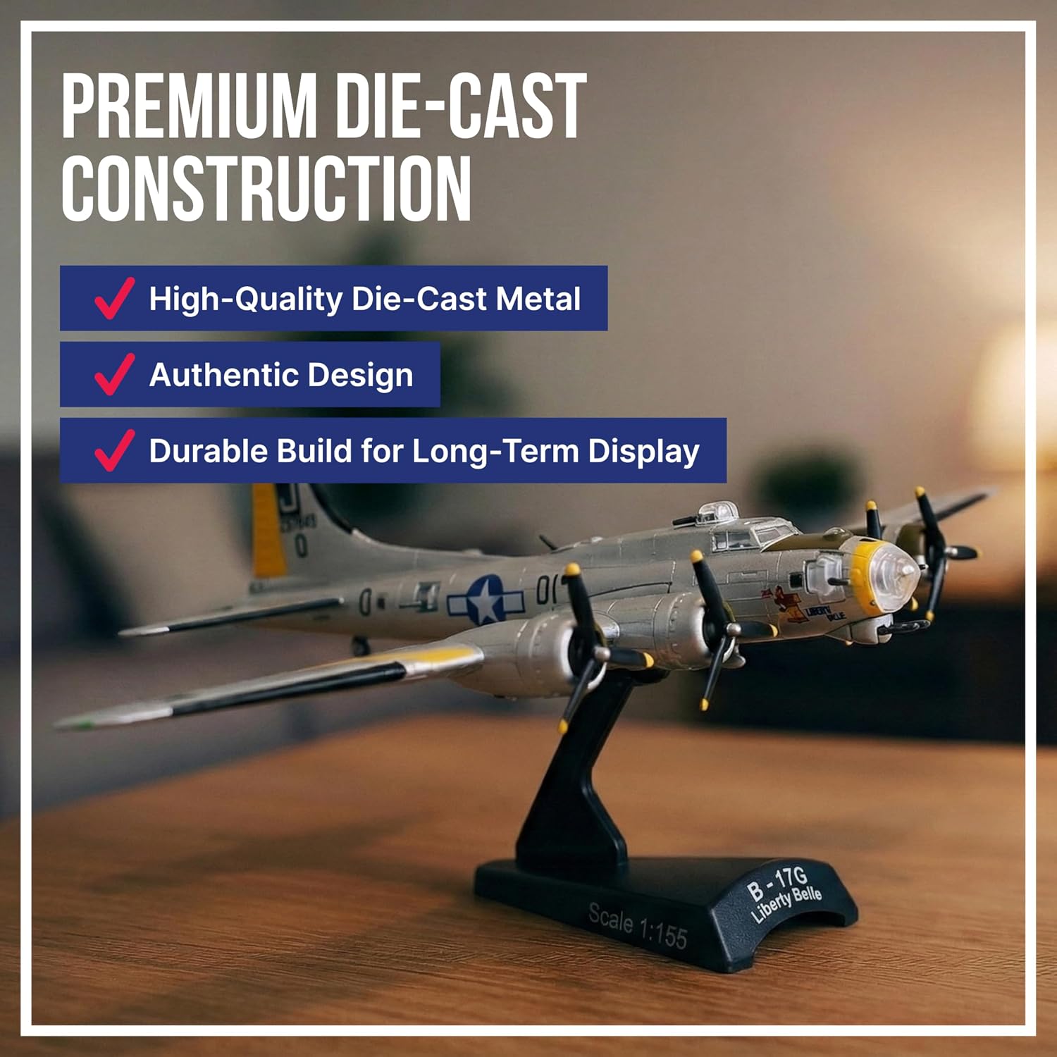 Daron Boeing B-17 Flying Fortress B-17G Die-Cast Model – 1:155 Scale WWII Heavy Bomber Replica with Display Stand, Highly Detailed, 5.75” Length x 8” Wingspan, Adult Collectible Ages 14+