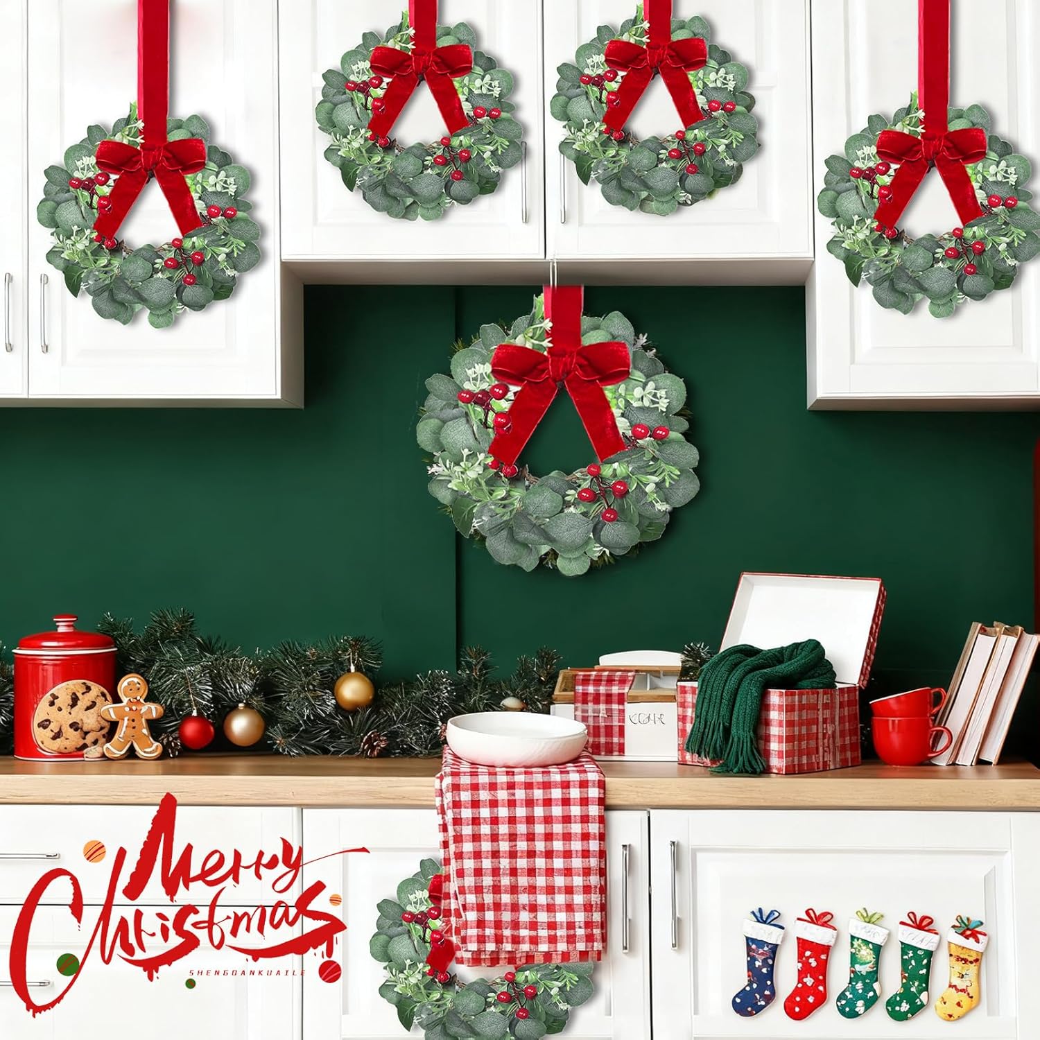 6 Pack 12 Inch Mini Christmas Wreath Small Christmas Kitchen Cabinet Wreaths with Red Bow Eucalyptus Leaves Flowering Boxwood Branches Red Berry Xmas Wreaths for Windows Door Wall Stairs Home Decor
