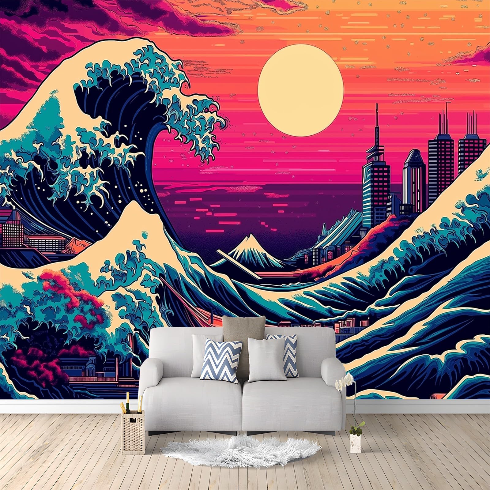 Mural de Pared con diseño de Dibujos Animados de Videojuegos Antiguos y Olas del océano para Dormitorio y Sala de Estar. Póster Decorativo de 350 x 256 cm. Impresión artística Prem