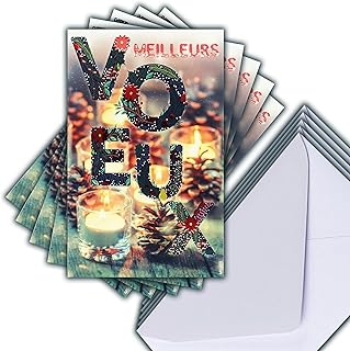 M5-505 LOT 5 Cartes identiques Meilleurs Vœux Fleurs Rouges Brillantes 13,5x8,5cm + 5 Enveloppes blanches 14x9cm - Bonne Année Souhaits Janvier Bougies Pommes de Pin - Créé Imprimé Fabriqué en France