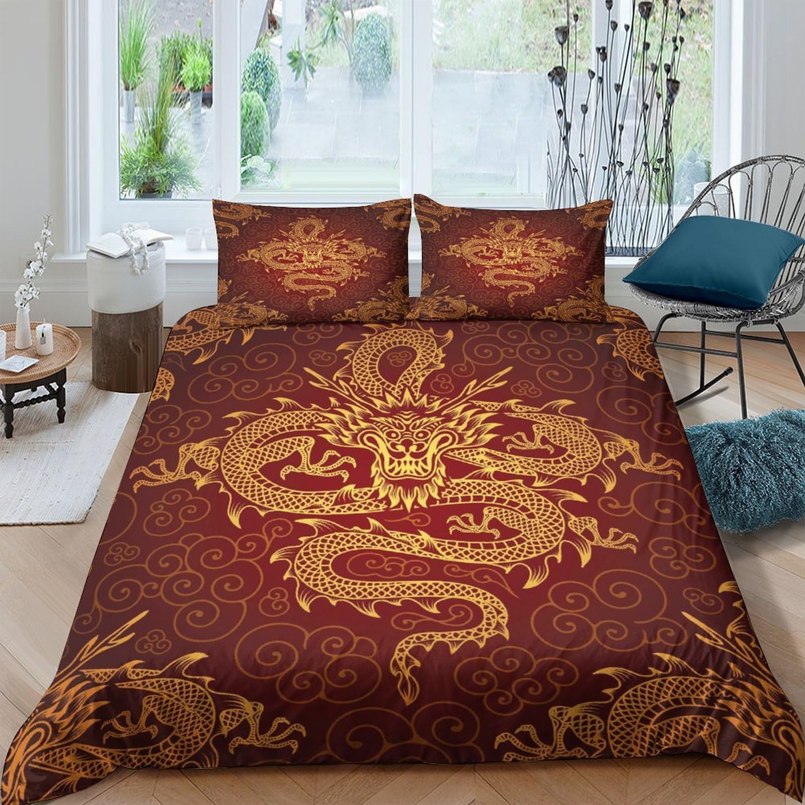 Ctjqhvkz Style-8 3D Printed Chinese Dragon Fitted Sheet Microfiber Brown Gold Bed Cover For Mattress Protection Bedroom Decor Single（135X200cm）