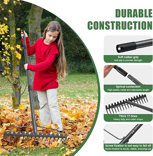 Miniatura 5 de Rastrillo de arco de 63 pulgadas, rastrillos de cabeza de metal de 17 dientes con mango de acero inoxidable, rastrillos de jardín resistentes para