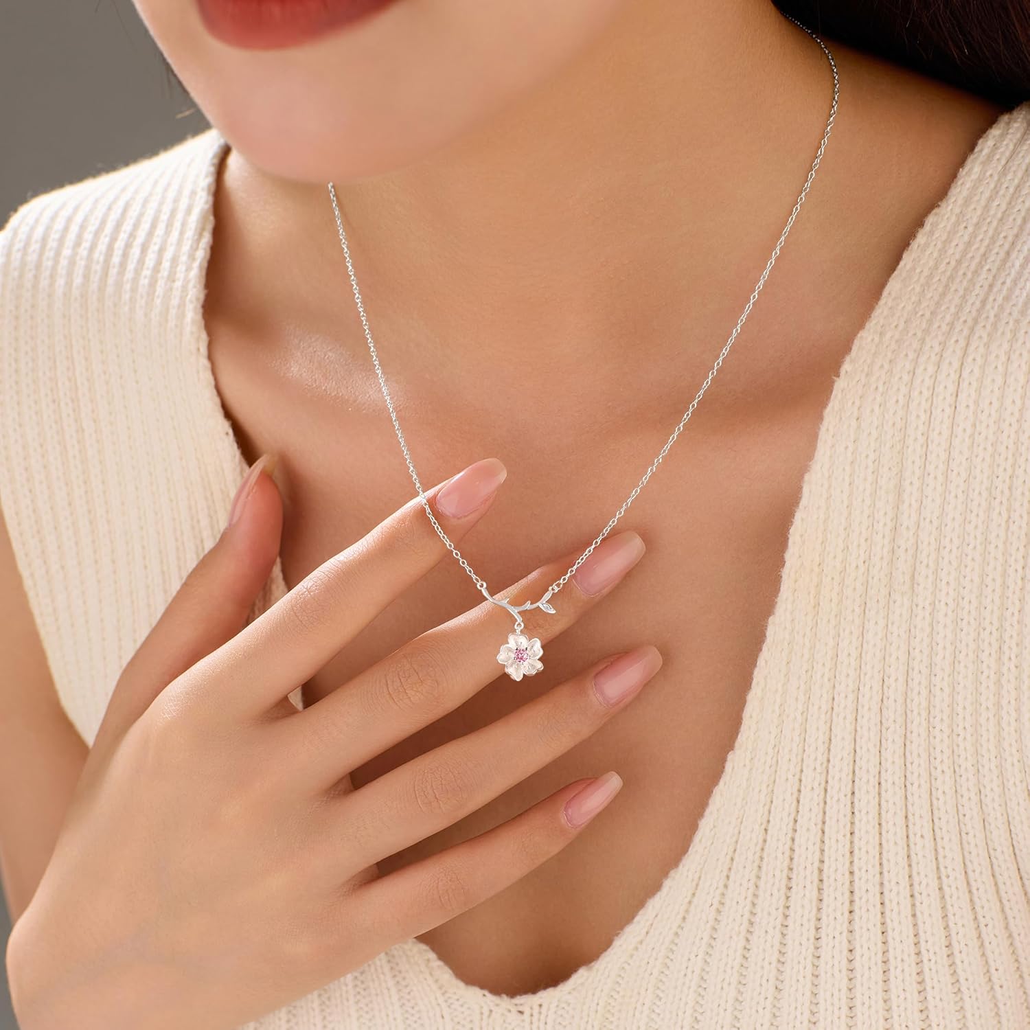 SUYACS 925 Sterling Silver Cherry Blossom Flower Necklaces with Pink Birthstone for Women Daughter Cute CZ Birthflower Floral Pendant Necklace Tree Leaf Chain Jewelry Birthday Gifts for Mom - Image 2