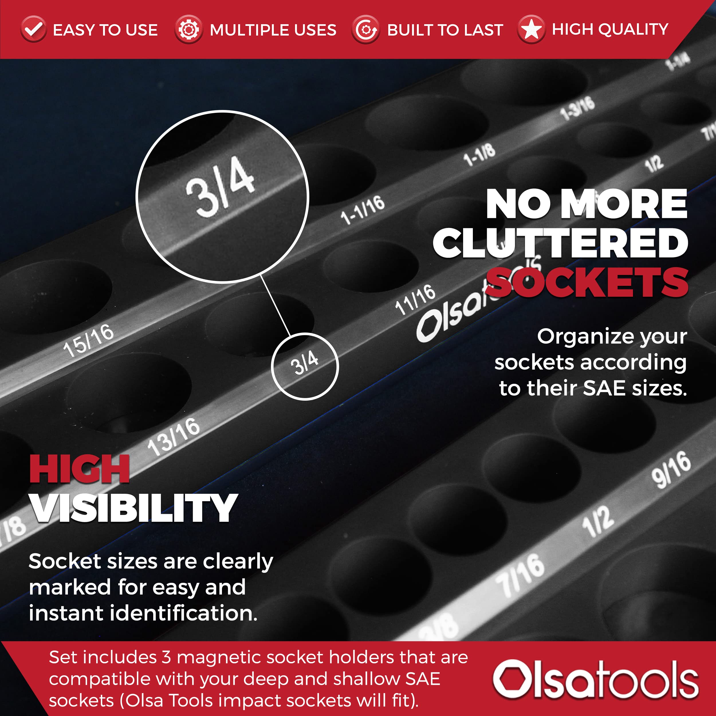 Olsa Tools Organizador magnético de llaves de vaso | Kit de soporte de 3 piezas | Unidad de 1/2 pulgadas, 3/8 pulgadas y 1/4 pulgadas | SAE negro | Capacidad para 68 llaves de vaso | Organizador de