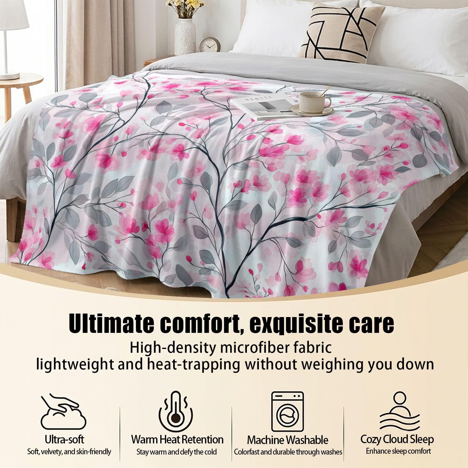 Coperta in pile acquerello botanico, morbida coperta stampata con viti a foglia floreale per adulti e bambini, coperta bianca rosa per divano, soggiorno, spiaggia, viaggi, 180 x 200 cm