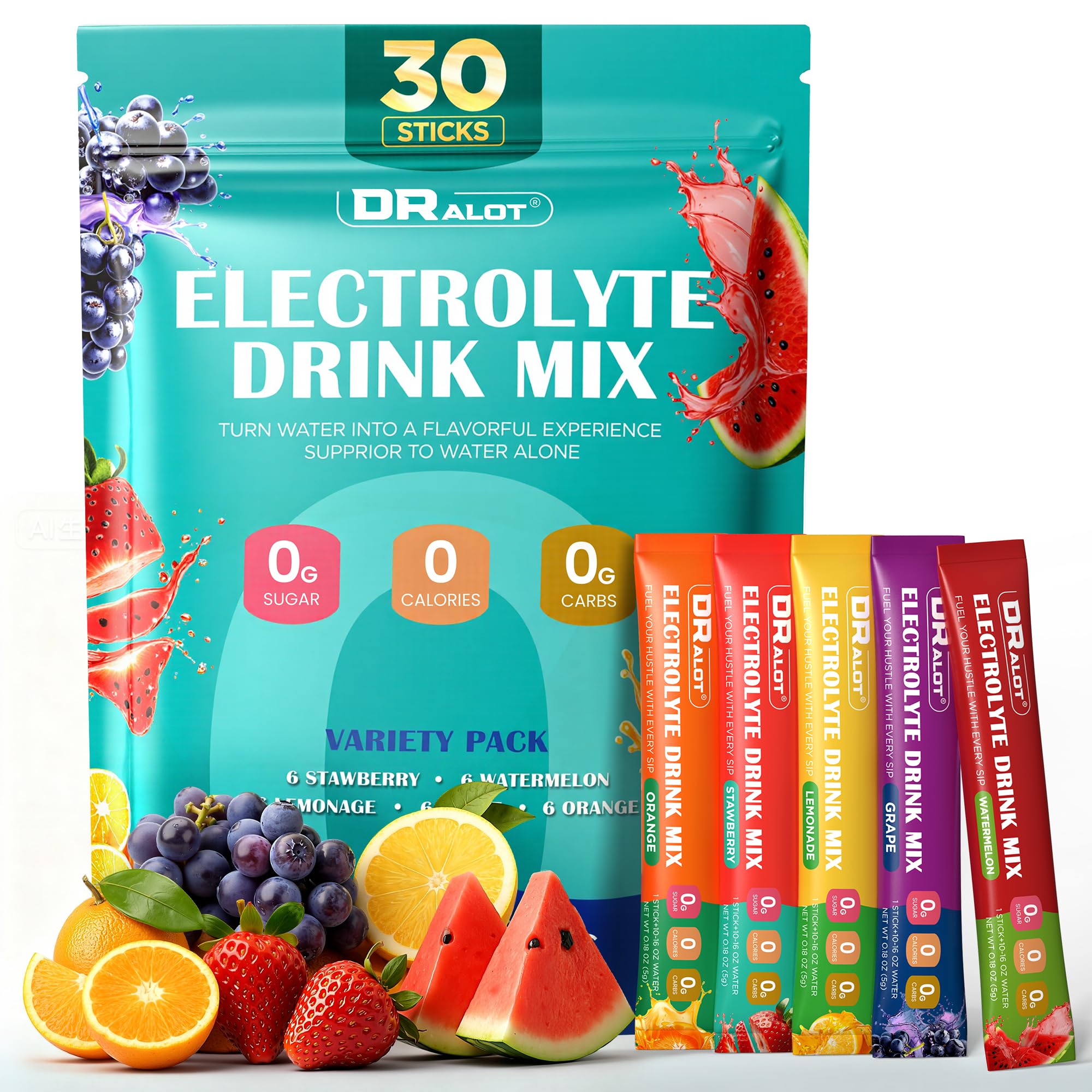 Juicy Splash 30 Packs Sugar Free Electrolytes Powder w/Natural Flavor, Liquid Daily IV Recharge+Tech. Mix 5 Electrolyte for Balance, Raw Seasalt Hydration Packets for GF, Vegan, Non-GMO, Keto