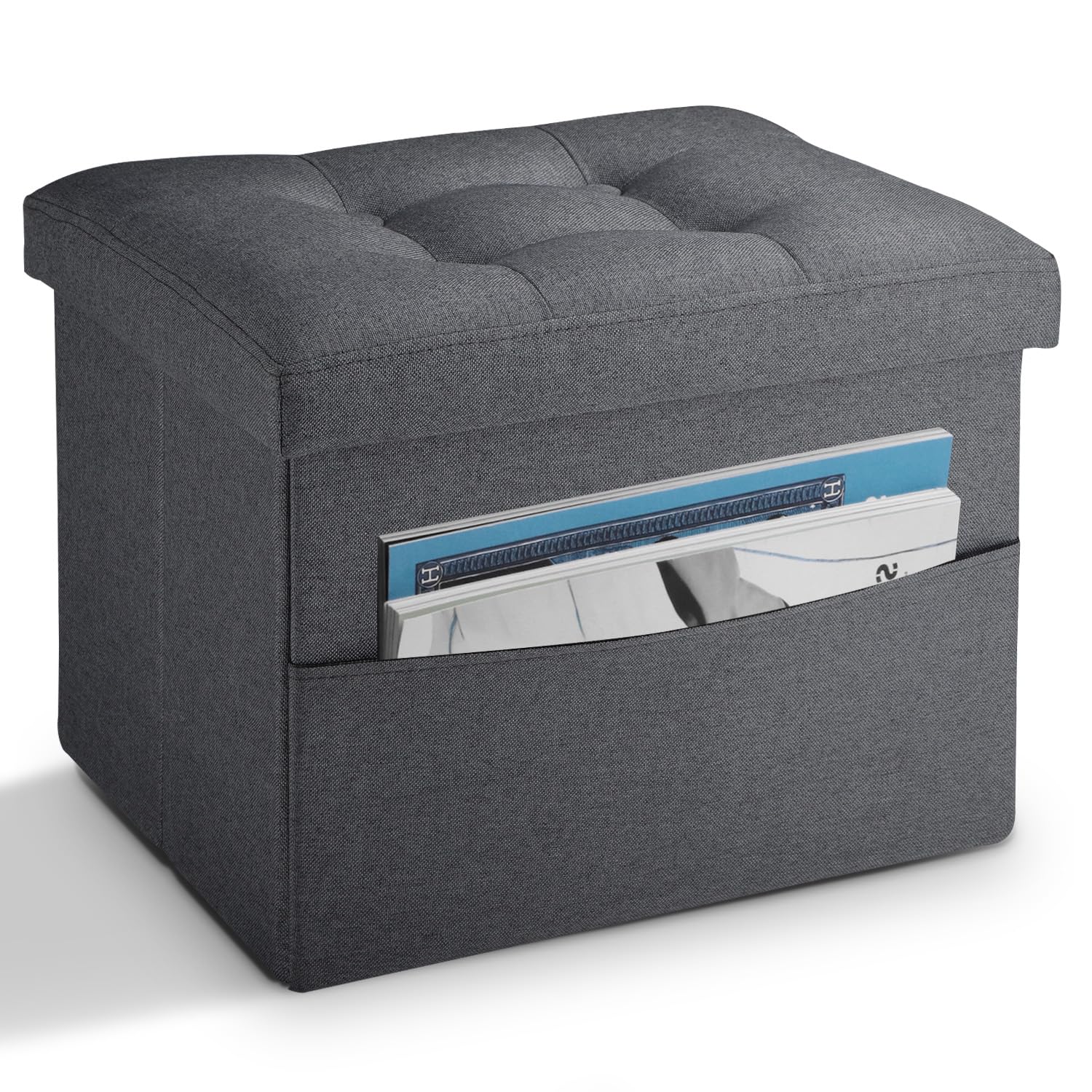 LINMAGCO Storage Ottoman Folding Foot Stool Foot Rest with Side Pocket Modern Ottoman with Storage Short Sofa Stool Linen Cloth 17x13x13(Dark Gray)