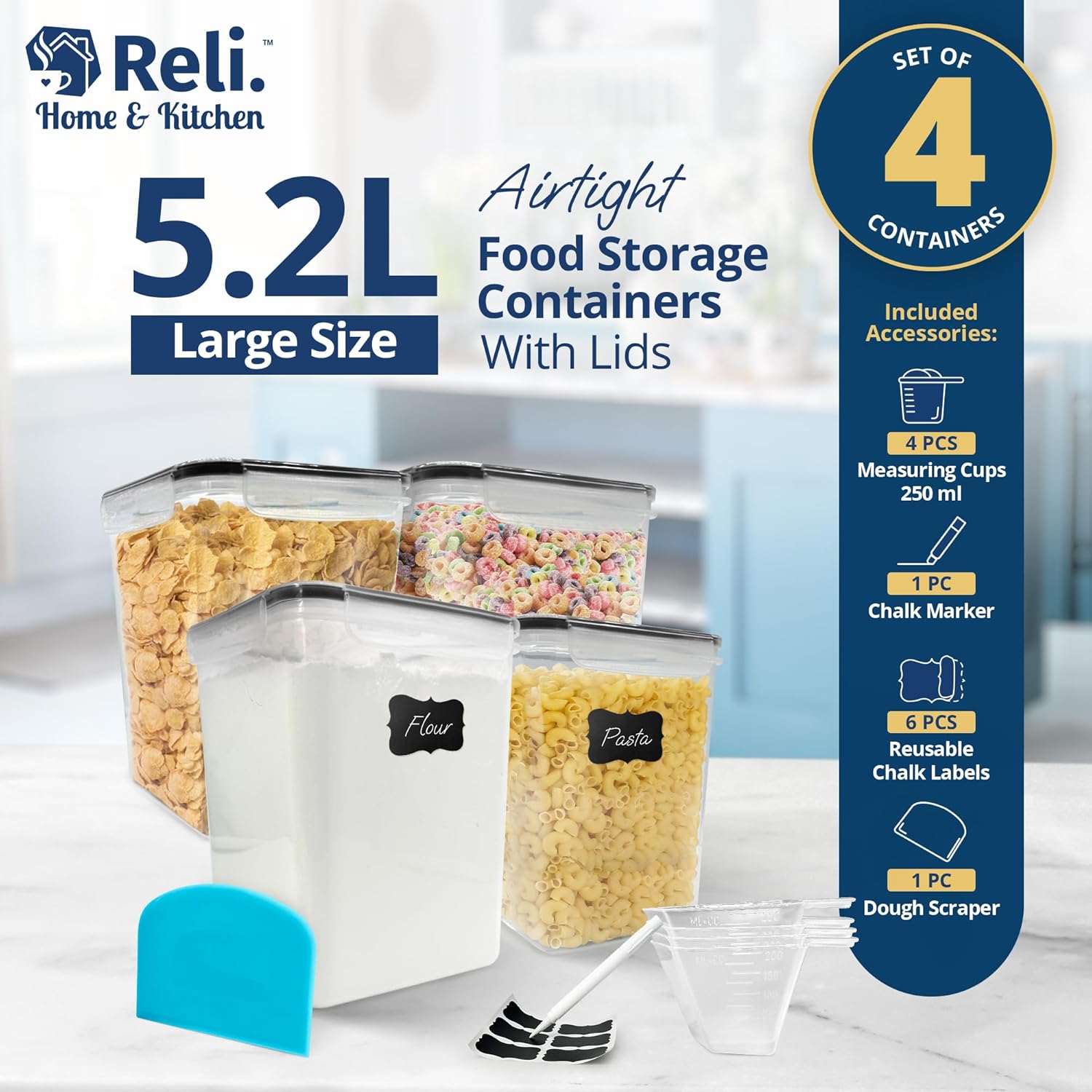 Reli. 5.2L Airtight Food Storage Containers with Lids (4 Sets) | Kitchen Organizers and Storage Pantry Organizers | BPA Free Plastic Container Set w/ 4 Measuring Cups, Dough Scraper, 6 Labels, Pen - Image 2