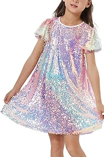 Girls Sequin Dress Shiny Short Flutter Sleeve Midi Sparkly Party Dress with Hairbow