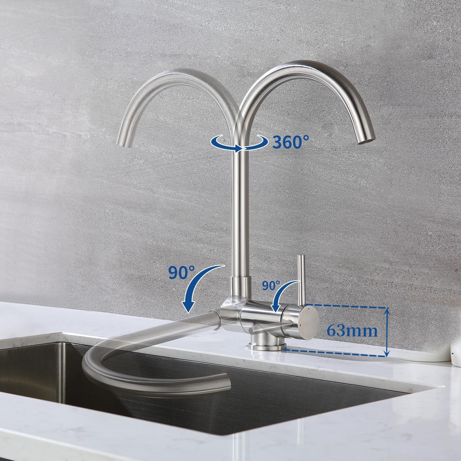 Lonheo Wasserhahn Küche umklappbar, Vorfenster Küchenarmatur aus Edelstahl | Hochdruck Armatur, 360° drehbar, abnehmbarer Strahlregler, Vorfenstermontage, Einfache Montage inkl. Anschlussschläuchen