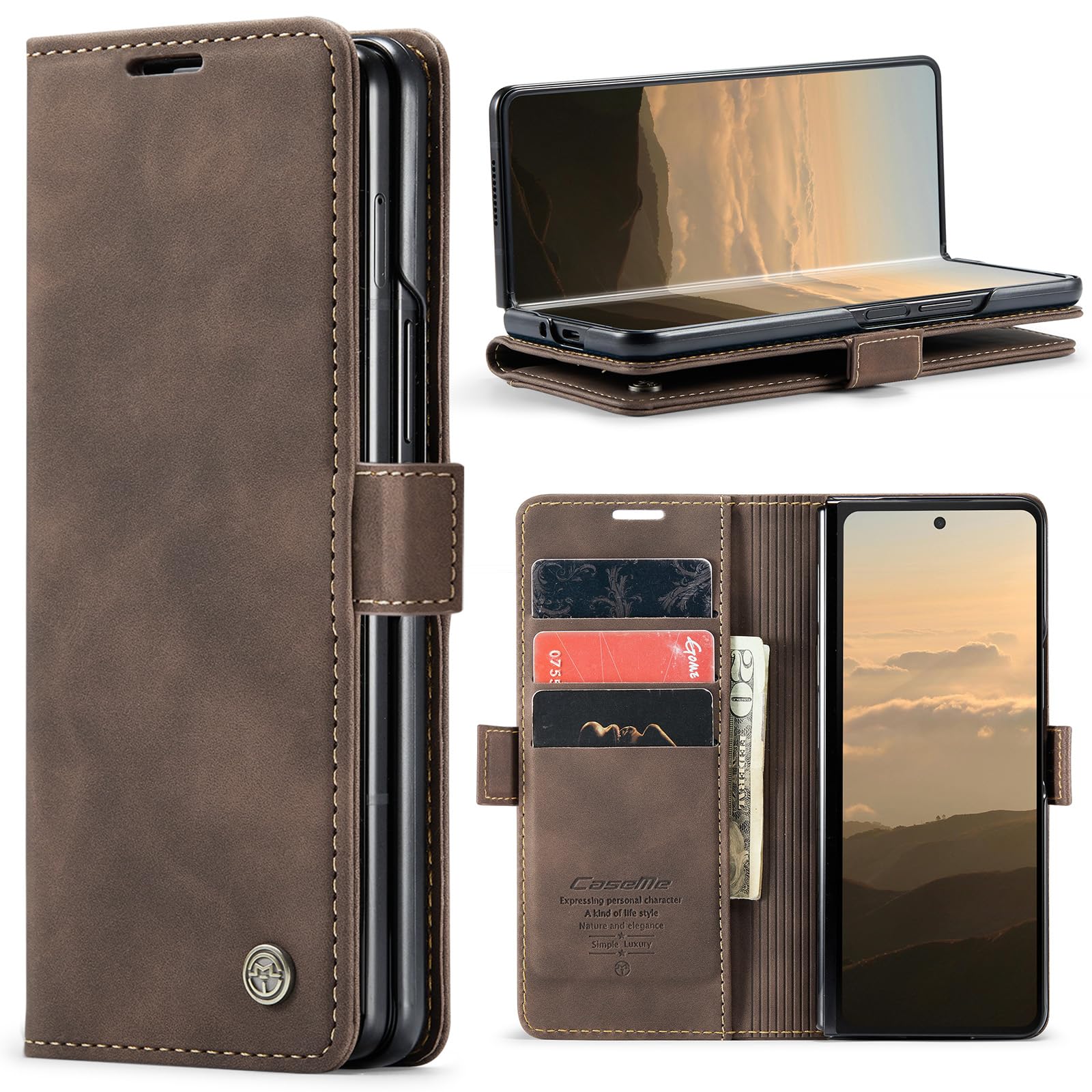 for Samsung Galaxy Z Fold 6 Case, Classic Design Leather Wallet Magnetic Closure Flip Case with Kickstand Card Holder Slot Shockproof Protective Cover for Samsung Galaxy Z Fold 6 5G (Coffee)