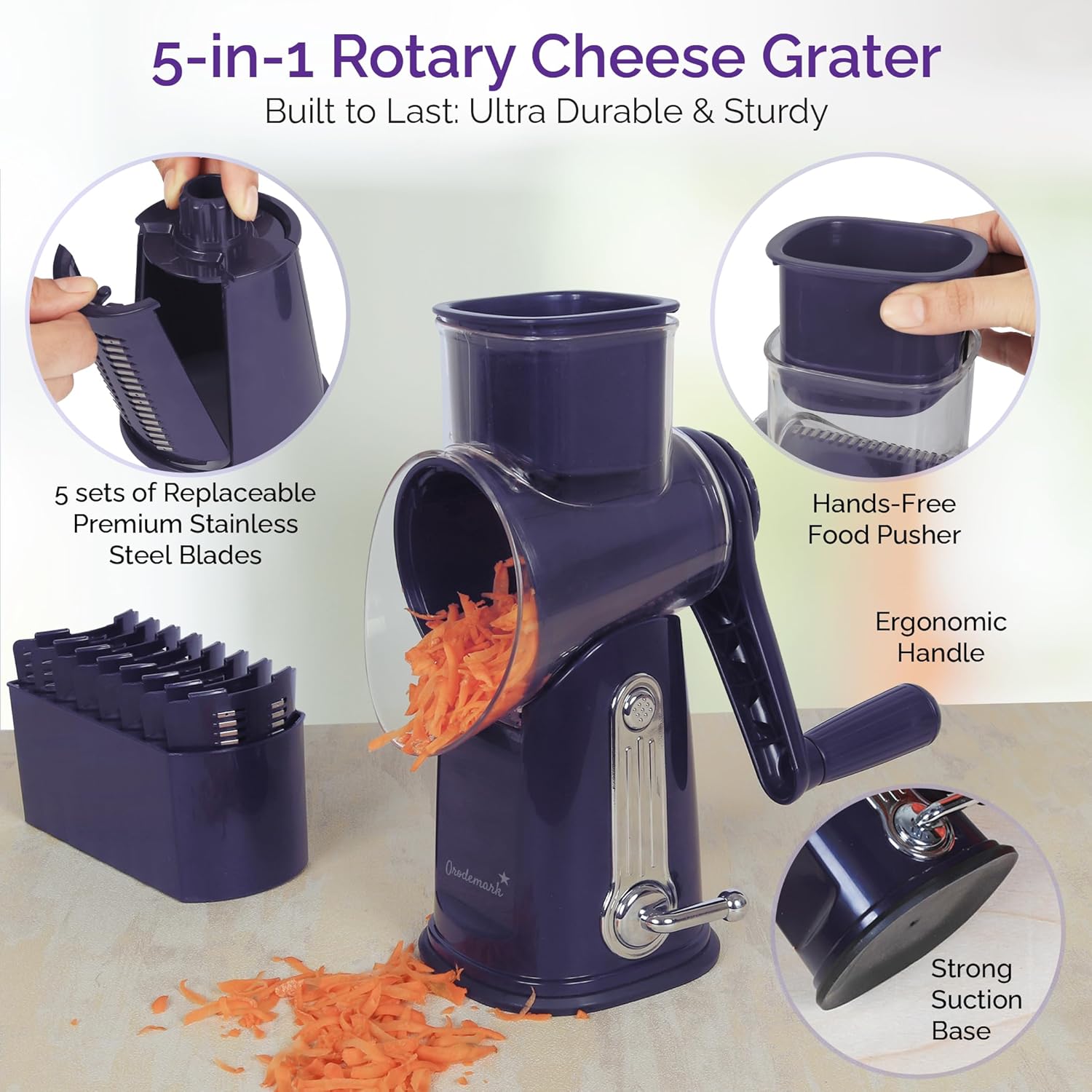 Cheese Grater with Handle, 5 in 1 Rotary Vegetable Shredder with 5 Replaceable Blades & Strong Suction Base, Rotary Grater for Cheese, Veggies & Nuts, Includes Storage Box