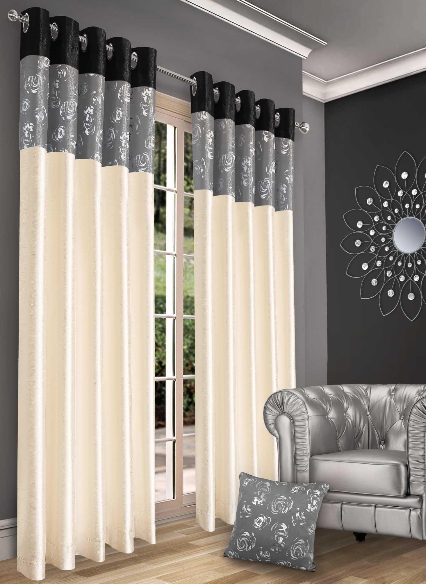HBS Ltd BLACK Faux Silk Retro Curtain Ring Top Pair, Full Metalic Print Fully Lined, 90 x 90 Readymade Eyelet Curtains
