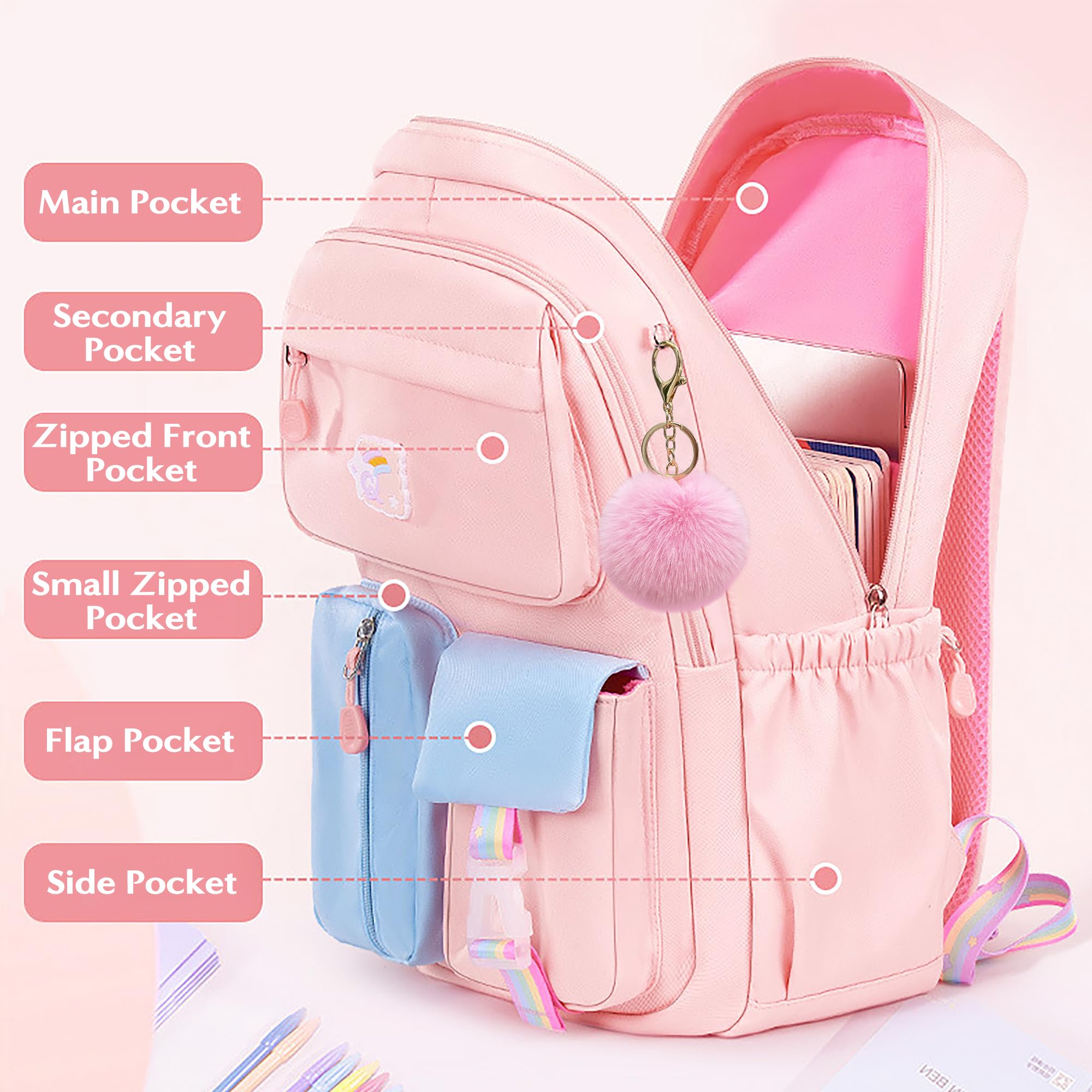 Wood Homing School Bag for Girls with Large Capacity Waterproof Cute Backpack with Laptop Compartment for Teen Kids Kindergarten Daily Multi-Compartment School Backpack with Hairball Pendant
