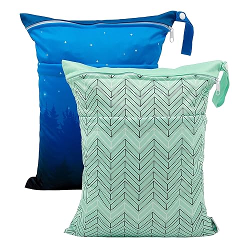 Miniatura 129 de ALVABABY 2 bolsas de pañales de tela para ropa húmeda, reutilizables con dos bolsillos con cremallera, para viajes, playa, piscina, guardería, 01