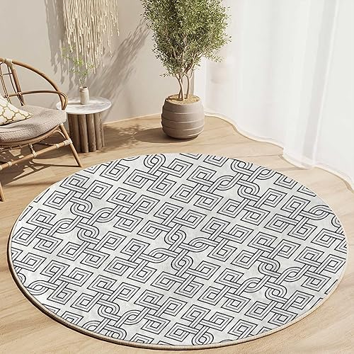 Miniatura 1 de Alfombra redonda geométrica de 39 pulgadas para silla de oficina para suelo de madera dura, alfombra blanca y negra para sillas de felpa, alfombra