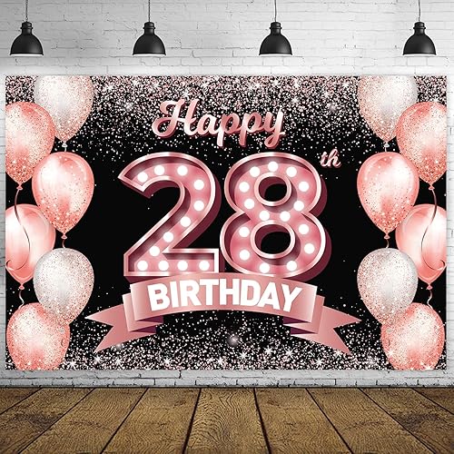 Cartel de feliz cumpleaños 28 de oro rosa, telón de fondo con texto en inglés "Cheers to 28 years old confeti globos", decoraciones temáticas para