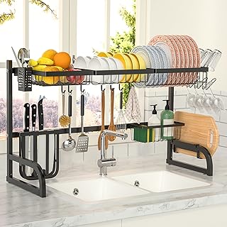 OTTOLIVES Over The Sink Dish Drying Rack 2 Tier Adjustable Dish Rack (33.5"-39.4"), Length Expandable Kitchen Organization Storage Rack, Dish Drying Rack for Organizer Home Kitchen Counter Space Saver
