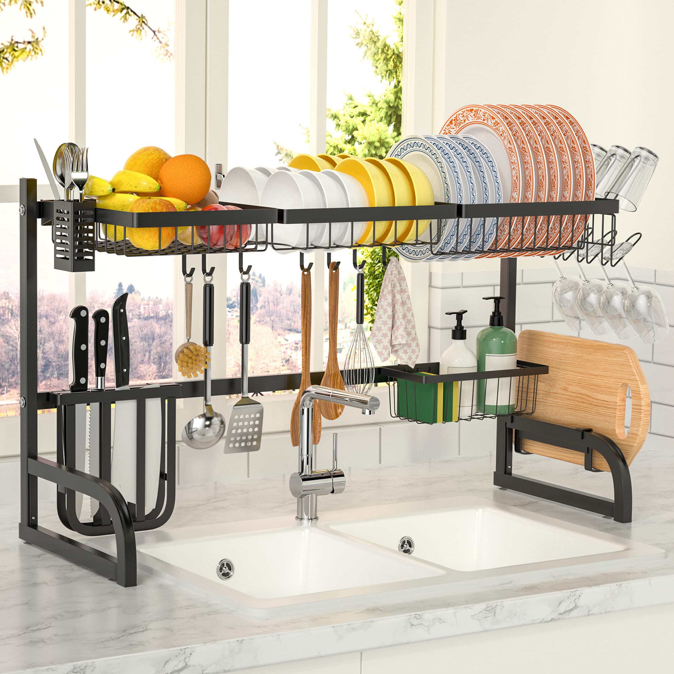 OTTOLIVES Over The Sink Dish Drying Rack 2 Tier Adjustable Dish Rack (33.5"-39.4"), Length Expandable Kitchen Organization Storage Rack, Dish Drying Rack for Organizer Home Kitchen Counter Space Saver