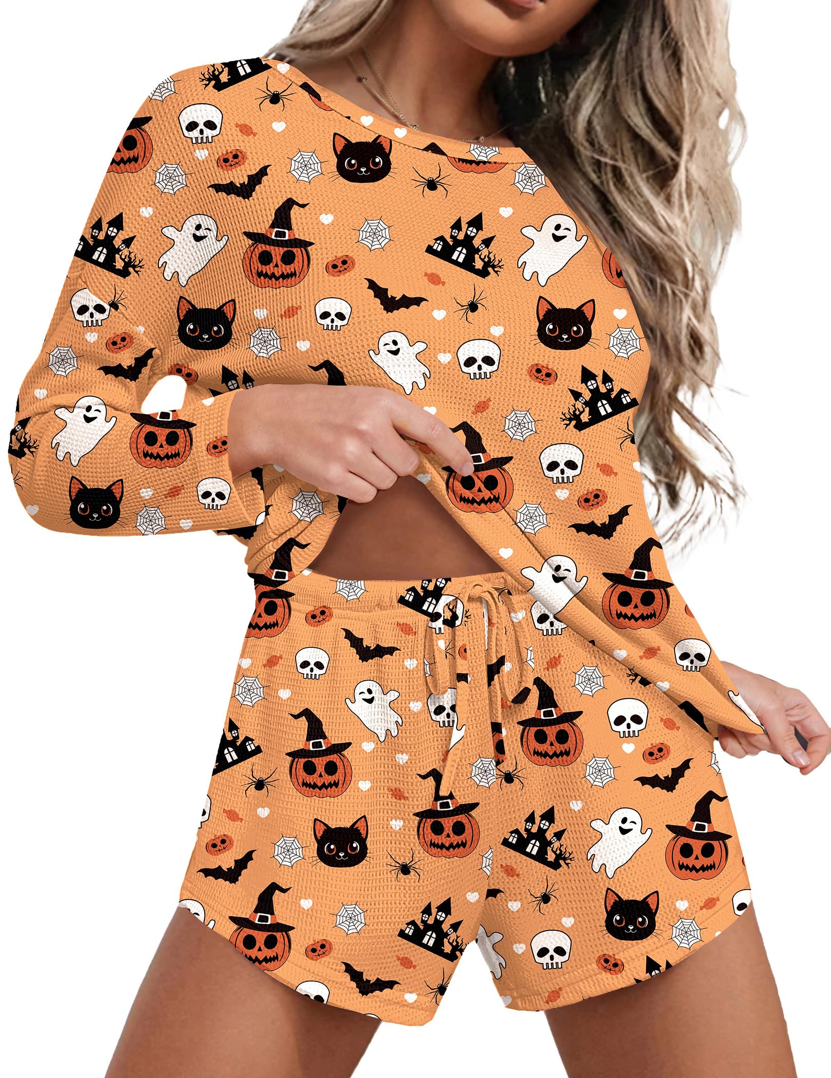 Ekouaer Womens Waffle Knit Pajama Sets,Long Sleeve Top and Shorts Lounge Set Loungewear Sweatsuit with Pockets Halloween-pumpkin Small