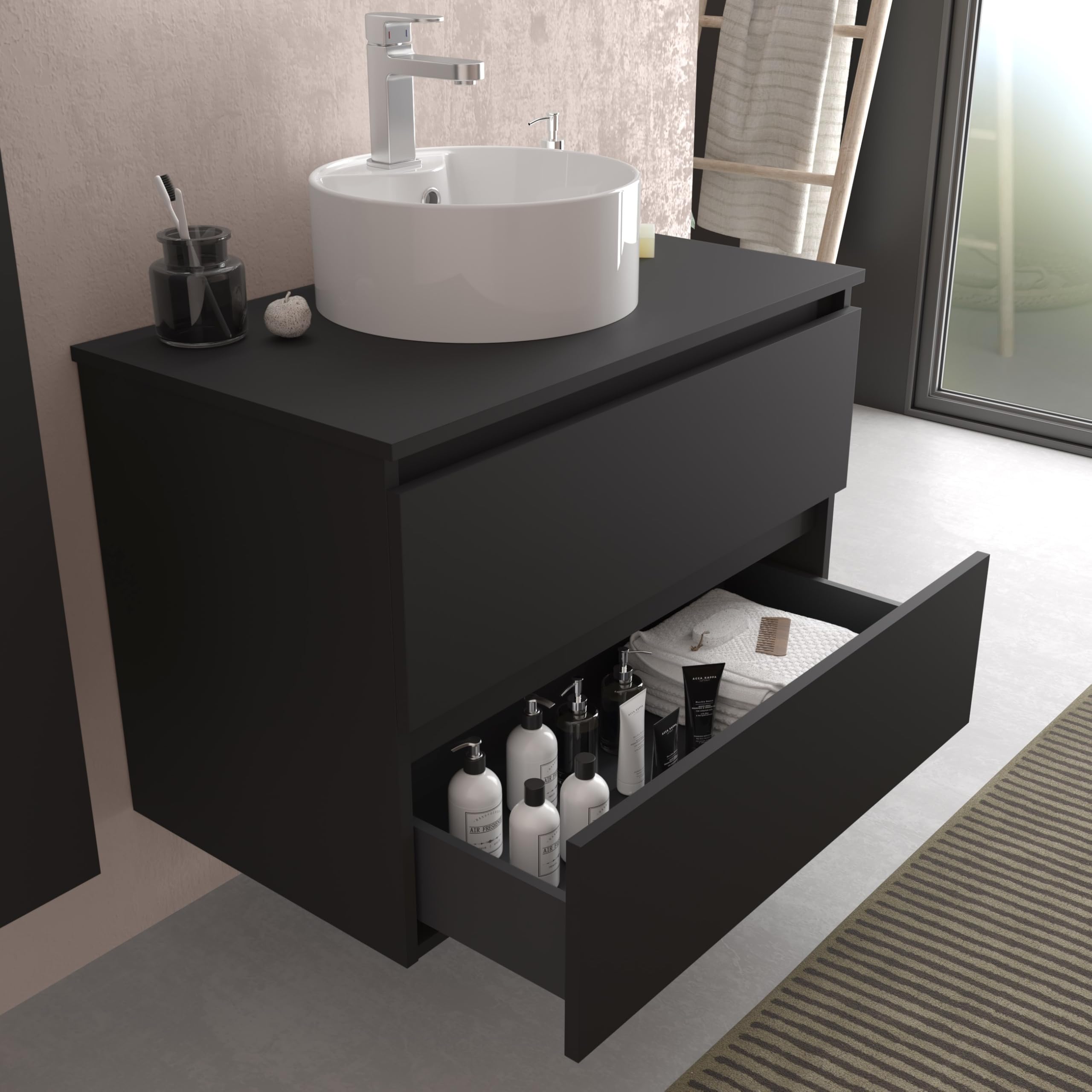 Mueble de baño Bequia 80 cm con Lavabo 100% montado de fábrica | Acabado Negro Mate suspendido 2 cajones Cierre amortiguado Apertura con uñero | Lavabo sobre encimera | Salgar