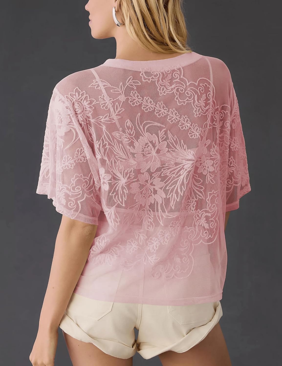 OPCAKM Lace Tops for Women Sexy Short Sleeve Mesh Tops Embroidered Sheer Lace T-Shirts See Through Blouse - Image 2