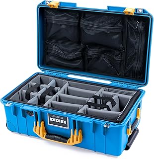 ColorCase Pelican Air 1535 Carry-on Case Electric Blue - Medium Size Waterproof Case with Gray Padded Microfiber Dividers & Mesh Lid Organizer - Yellow Handles & Latches