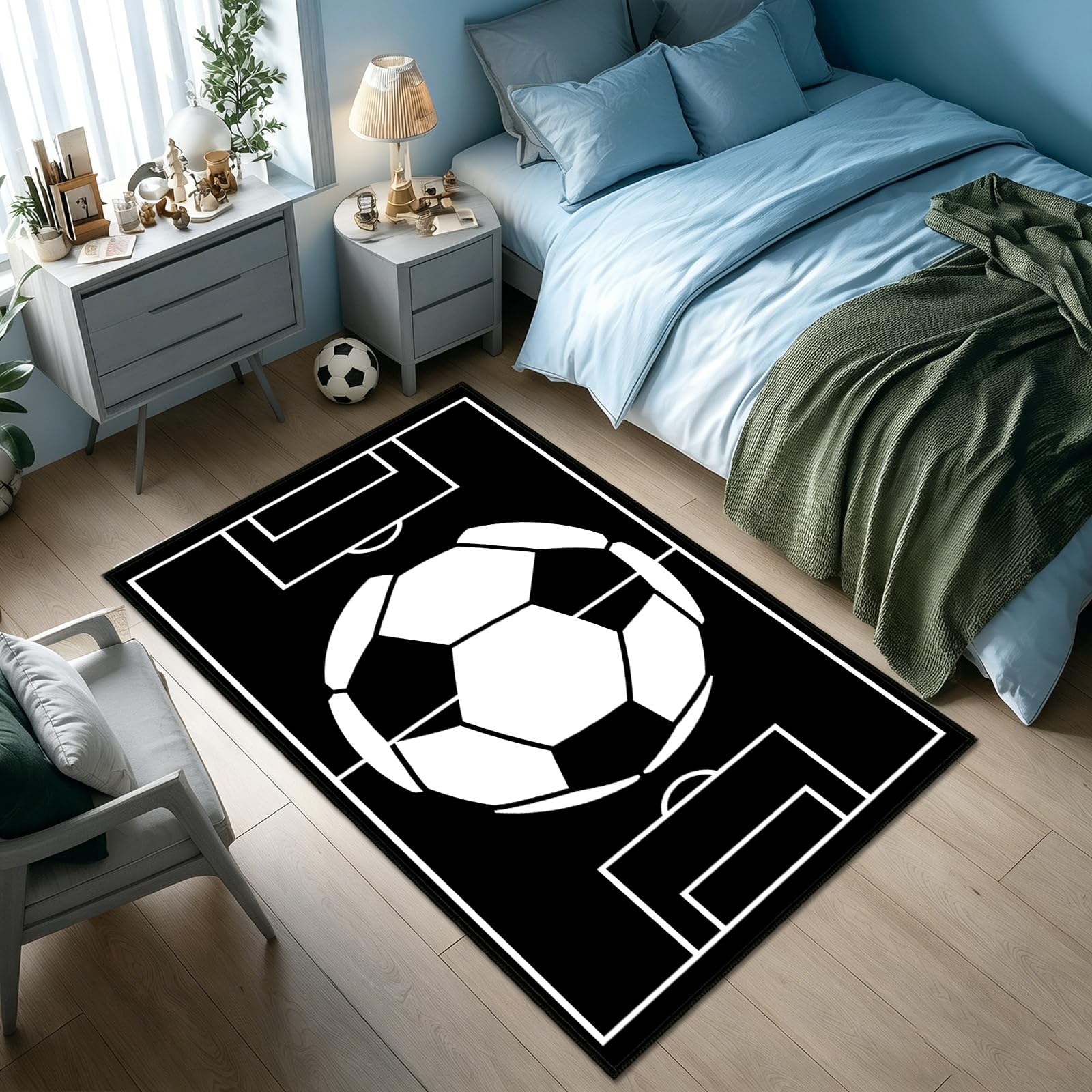 Black Area Rug 3x5,Soccer Field Rug for Boys Bedroom,Sport Theme Floor Mat Non-Slip Indoor Entrance Door Mat Washable Floor Carpets Soccer Entryway Rugs Sports Area Carpet for Living Room,Laundry