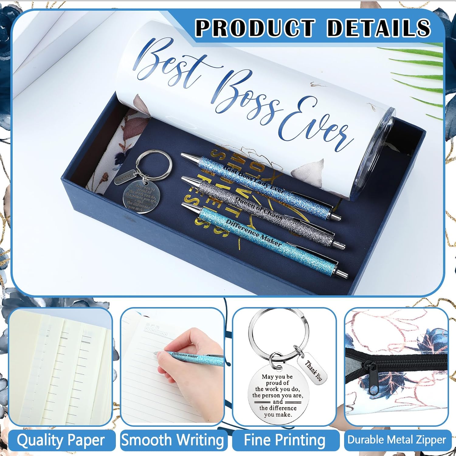 Skylety 7 Pcs Boss Lady Gifts Set for Women, Best Boss Ever Gift Idea 20 oz Stainless Steel Tumbler Makeup Bag Notebook Keychain Ballpoint Pens, Thank You Gifts for Female Leaders(Dark Blue)