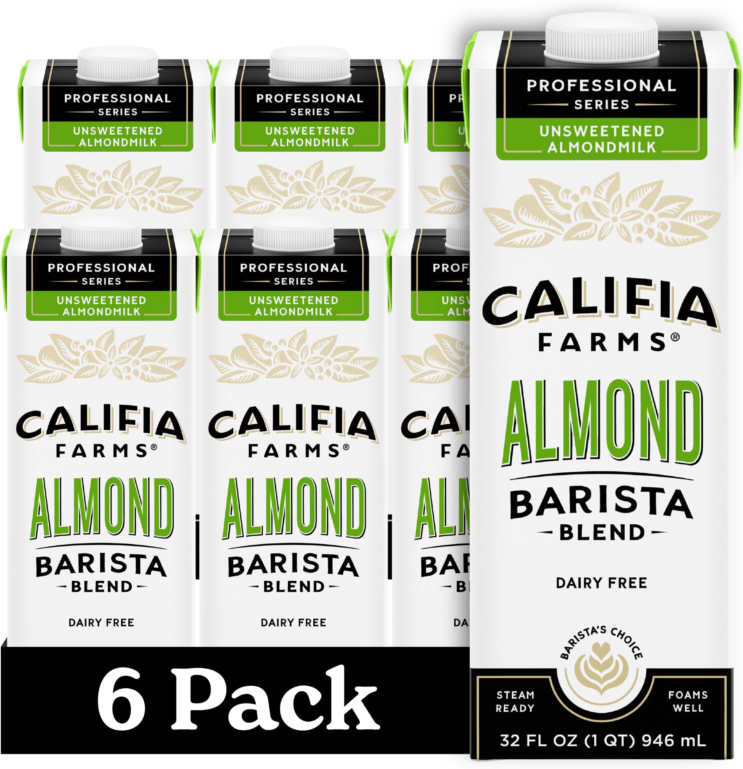 Unsweetened Almond Barista Blend Almond Milk, 32 Oz (Pack Of 6), Shelf Stable, Dairy Free, Plant Based, Vegan, Gluten Free, Non GMO, Sugar Free, Milk Frother, Creamer