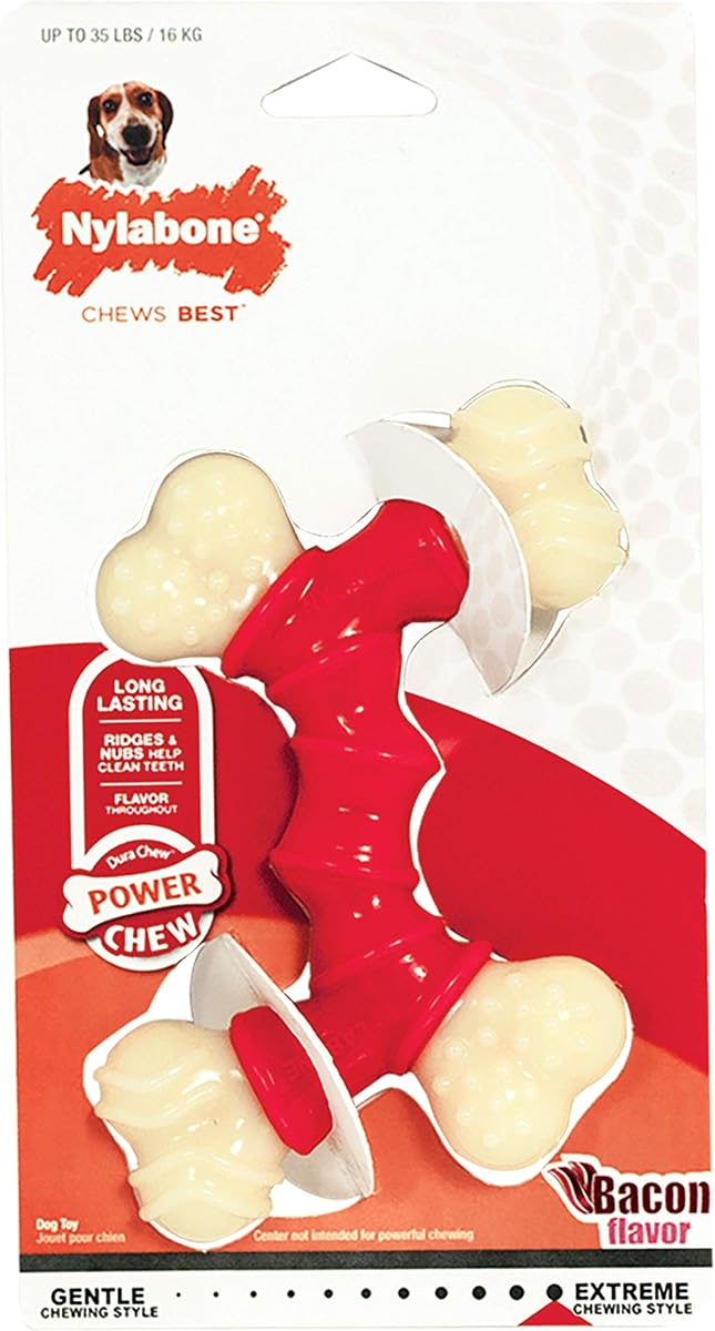 Juguete masticable para perros Power Chew de doble hueso, sabor a tocino, mediano | Juguete duradero para perros medianos de hasta 35 libras, texturas que limpian los dientes, desalienta la masticación destructiva, sabor en todas partes