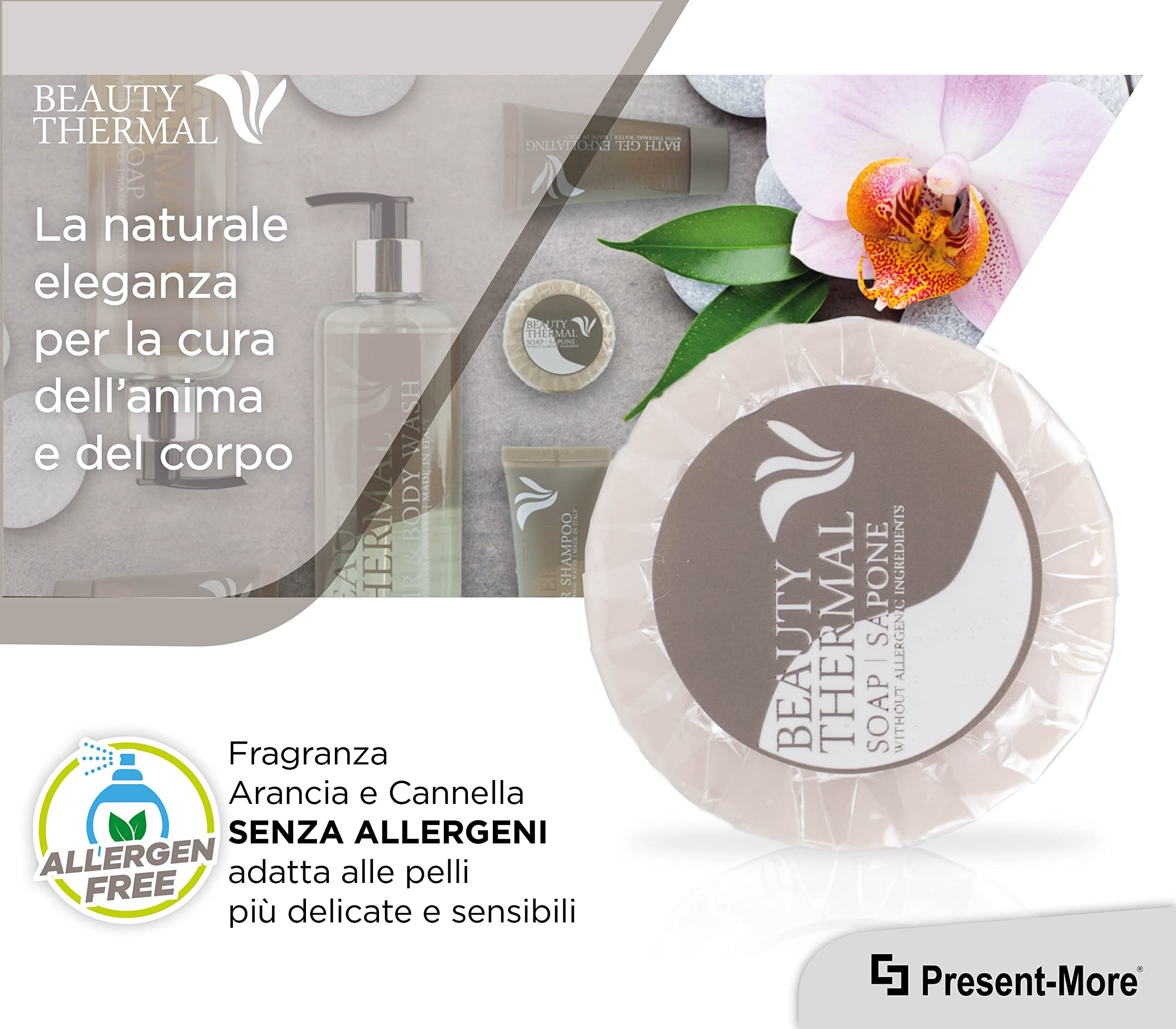 PRESENT-MORE - Saponette Hotel 25gr Beauty Thermal - Confezione da 250 Pezzi - Saponetta Mani Senza Allergeni - Fragranza Arancia e Cannella - Ideale per Hotel e B&B