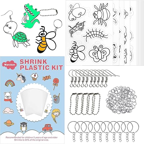 Warckon El kit de 145 hojas de plástico retráctil incluye 15 hojas de plástico retráctil y 5 piezas de imágenes trazables, 125 llaveros accesorios,