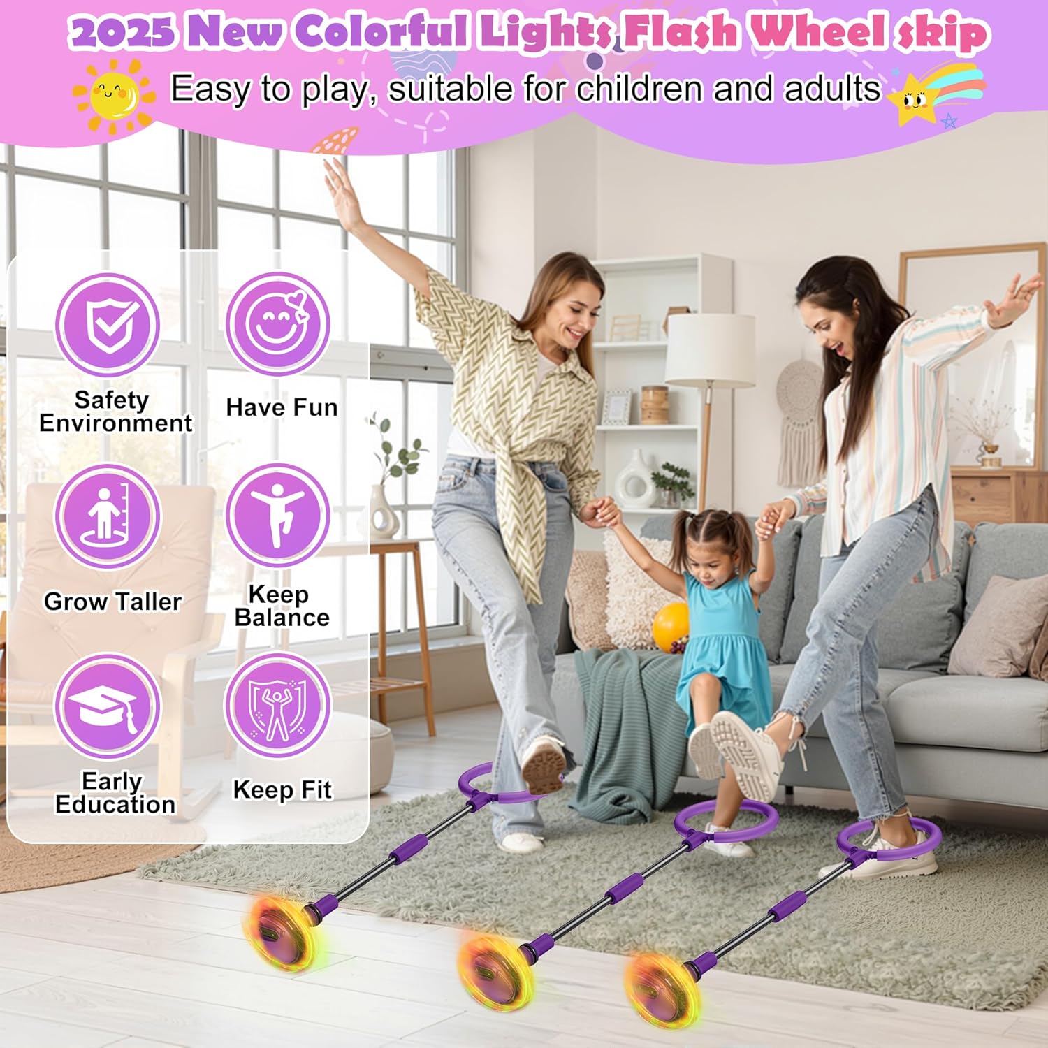 Skip Ball for Kids - Ankle Jump Rope Ball with LED Display, Counter, Time/Distance/Calorie Tracker, Colorful Flash Wheel Fitness Hopper Toy for Active Play Purple