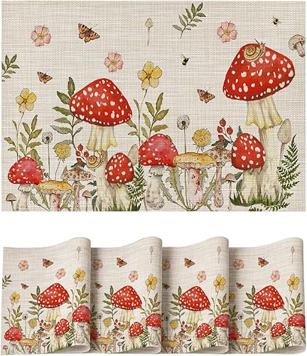 Artoid Mode Juego de 4 manteles individuales beige con diseño de hongos y polilla y flores, 12 x 18 pulgadas, tejido de plástico, lavable,