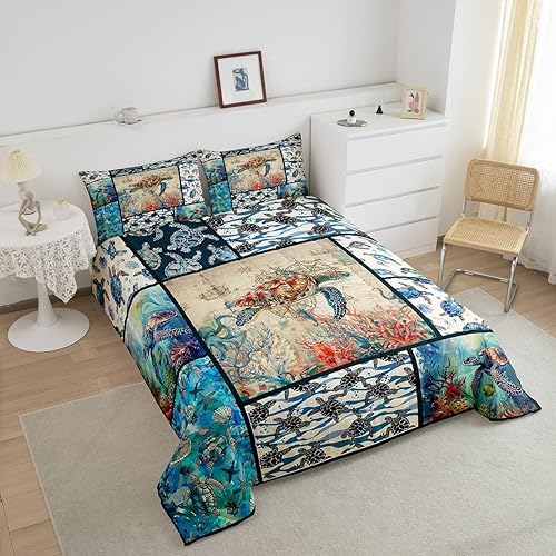 Miniatura 8 de Juego de edredón de tortuga marina verde azulado tamaño Queen, juegos de ropa de cama de reptil de tortuga 3D para niños, niñas, niños,