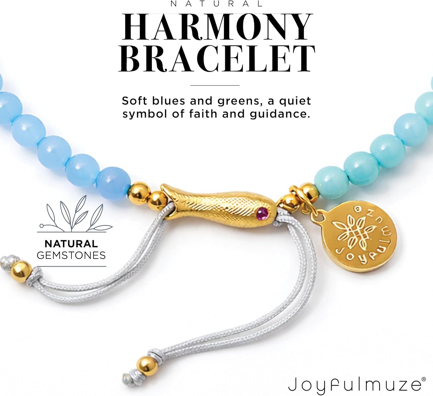Natural Gemstone Bracelet Women, Blue Quartz Green Aventurine Clear Crystal Onyx Amazonite Beaded Bracelet, Gold Fish Charm Bracelet, Adjustable Cord, Faith Jewelry Gift
