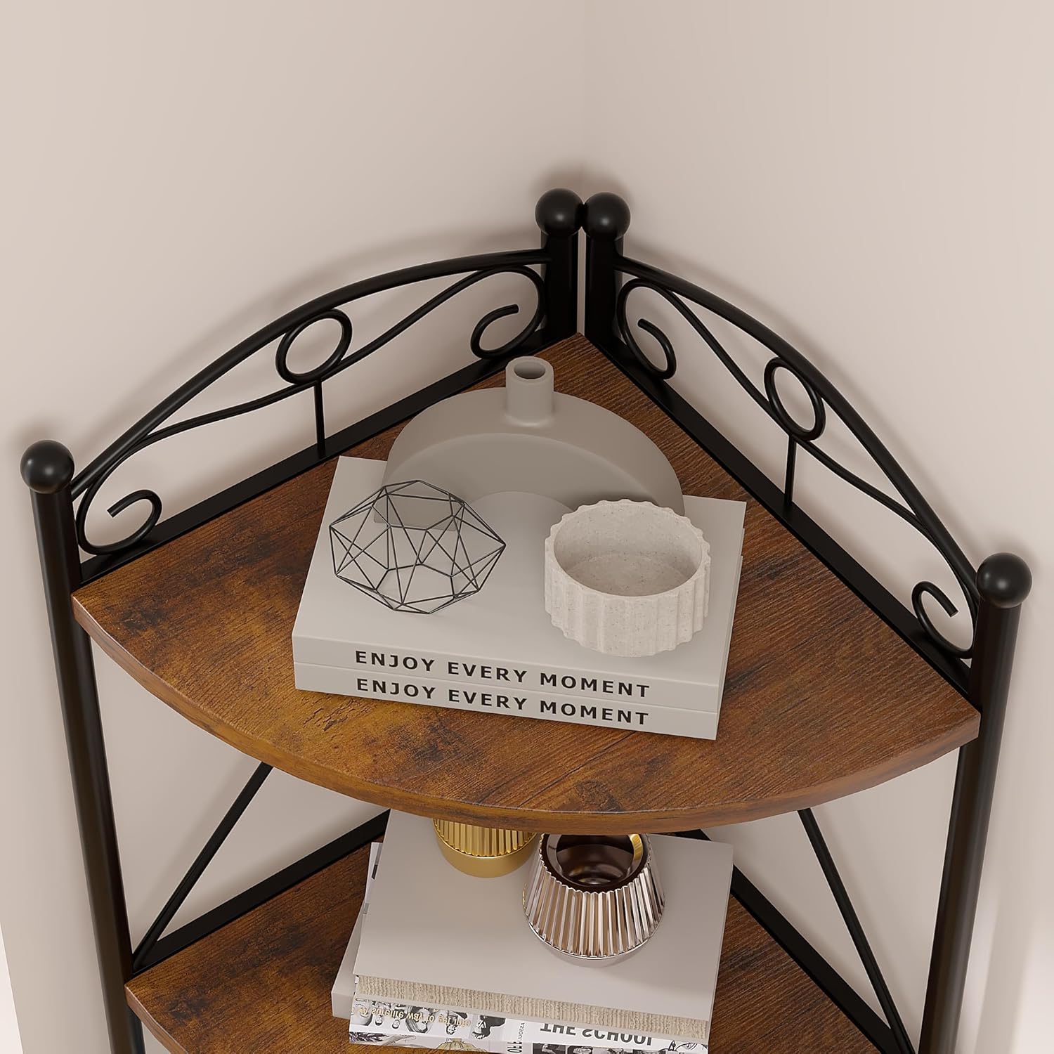 VECELO 5 Tier Corner Shelf Stand, 55.2" Tall Corner Bookshelf, Plant Stand, Rustic Brown Corner Storage Shelf for Living Room, Kitchen, Bedroom, Office