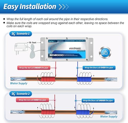 Miniatura 4 de iSpring ED2000 - Descalcificador de agua para toda la casa acondicionador de agua dura electrónico alternativo sin sal reduce la cal evita la