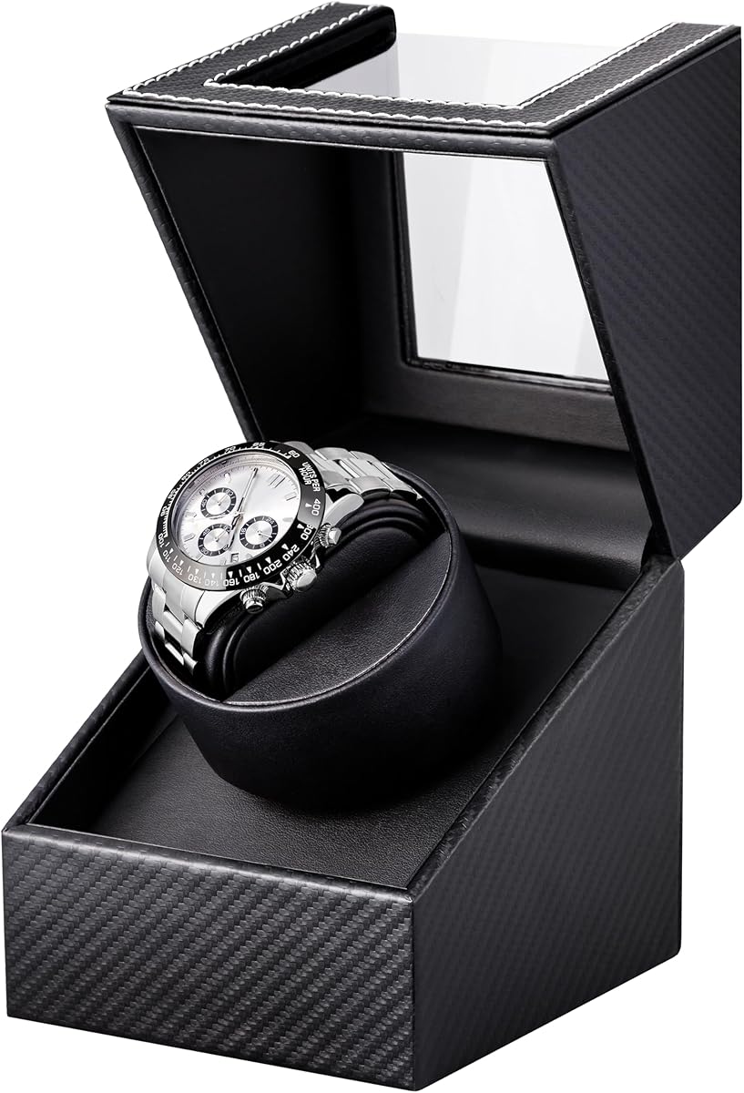 Watch Winder for Automatic Watches: Automatic Single Watch Winder Box, Rotating Watch Case in Black Carbon Fiber Leather, Watch Rotator with Japanese Quiet Motor, Battery Powered or AC Adapter