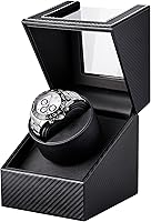 UnaMela Single Automatic Watch Winder Box - Black Carbon Fiber Leather, Ultra-Quiet Japanese Motor, Battery/AC Powered for Rolex, Omega & More