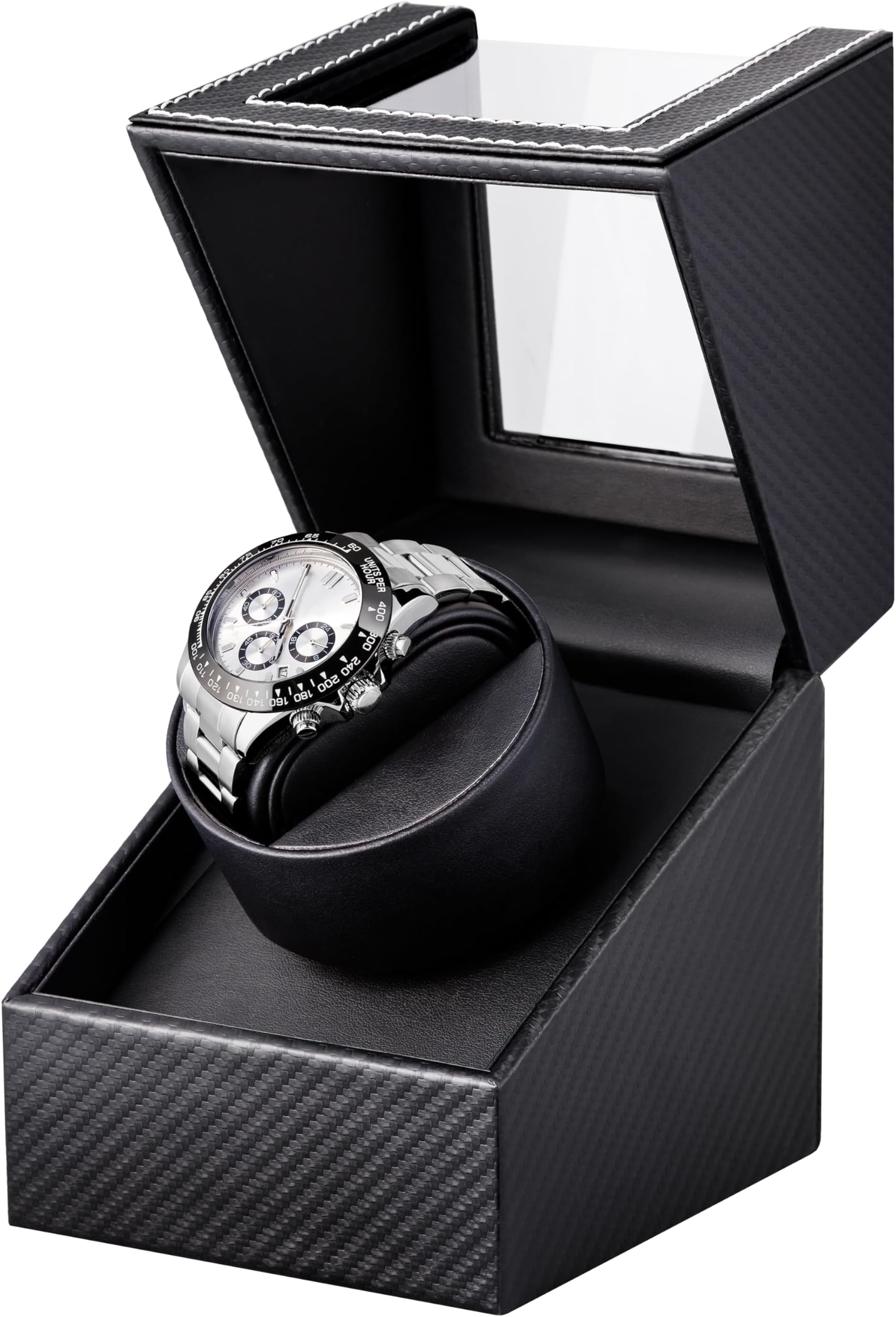 Watch Winder for Automatic Watches: Automatic Single Watch Winder Box with Japanese Quiet Motor, Rotating Watch Case in Black Carbon Fiber Leather, Gifts for Men & Collectors