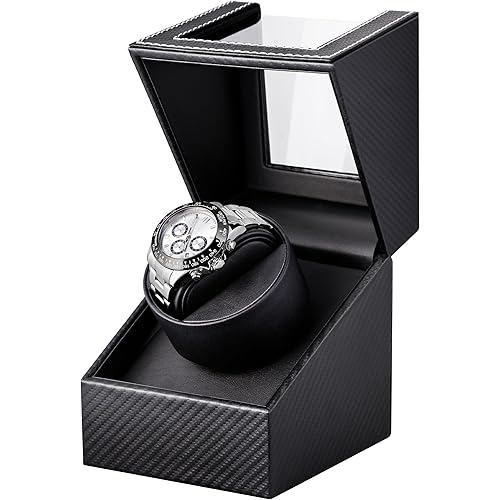 Watch Winder for Automatic Watches: Automatic Single Watch Winder Box, Rotating Watch Case in Black Carbon Fiber Leather, Watch Rotator with Japanese Quiet Motor, Battery Powered or AC Adapter