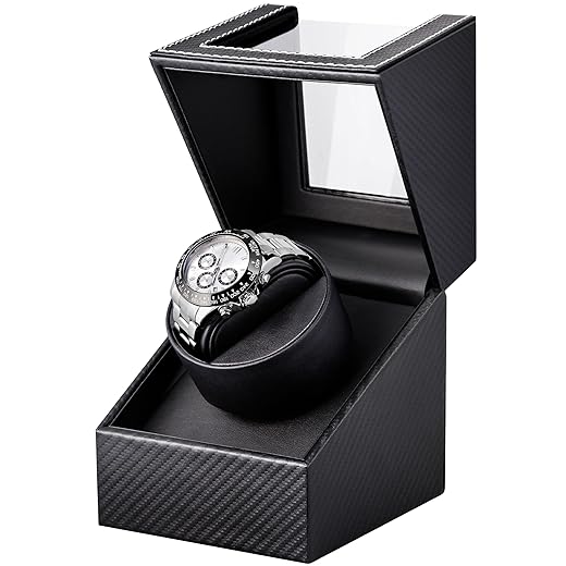 Watch Winder for Automatic Watches: Automatic Single Watch Winder Box, Rotating Watch Case in Black Carbon Fiber Leather, Watch Rotator with Japanese Quiet Motor, Battery Powered or AC Adapter