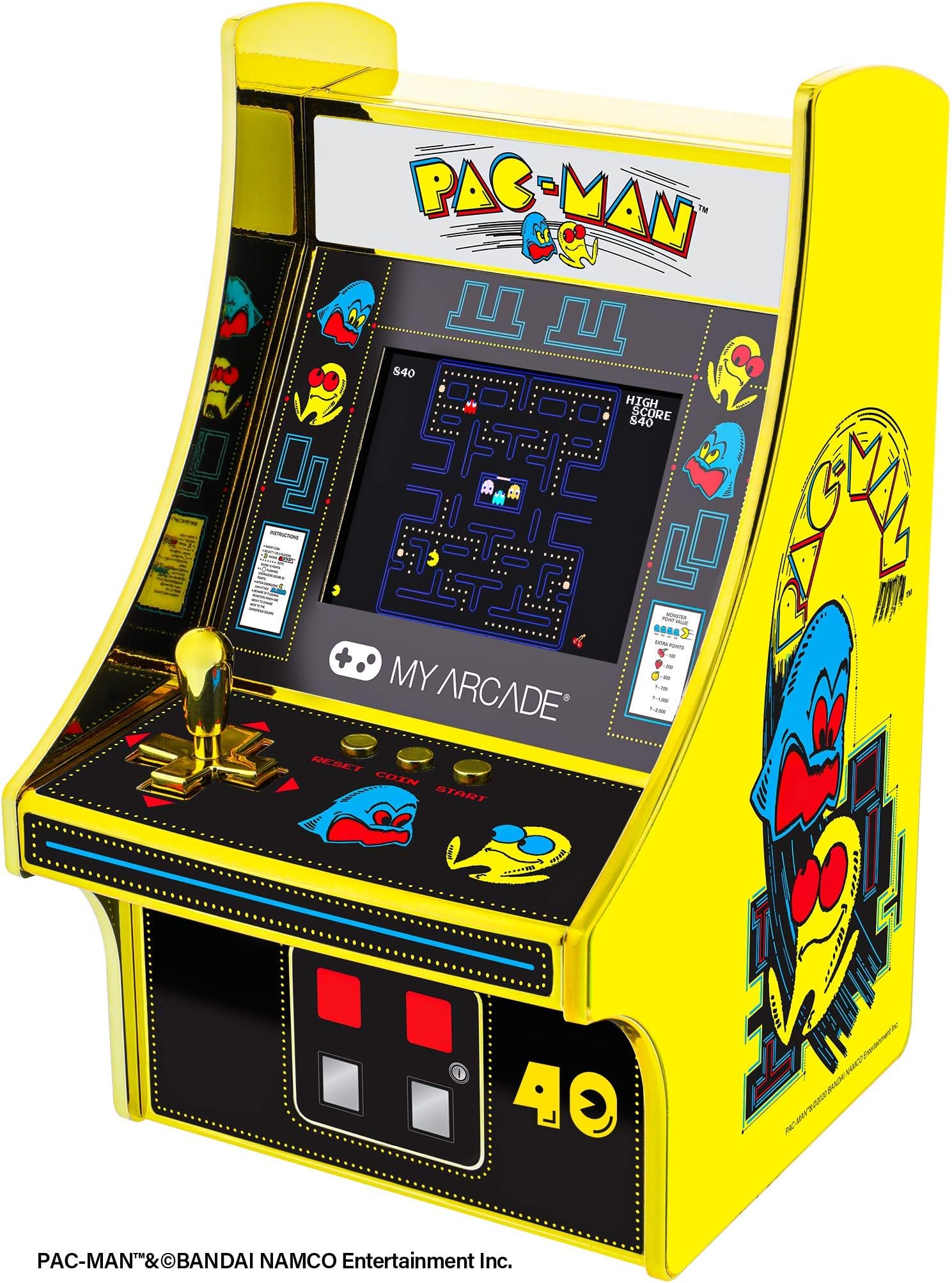 My Arcade Pac-Man 40th Anniversary Micro Player, Fully Playable, 6.75 Inch Collectible, Full Color, Gold Plated, Battery or Micro USB Powered (DGUNL-3290), Yellow